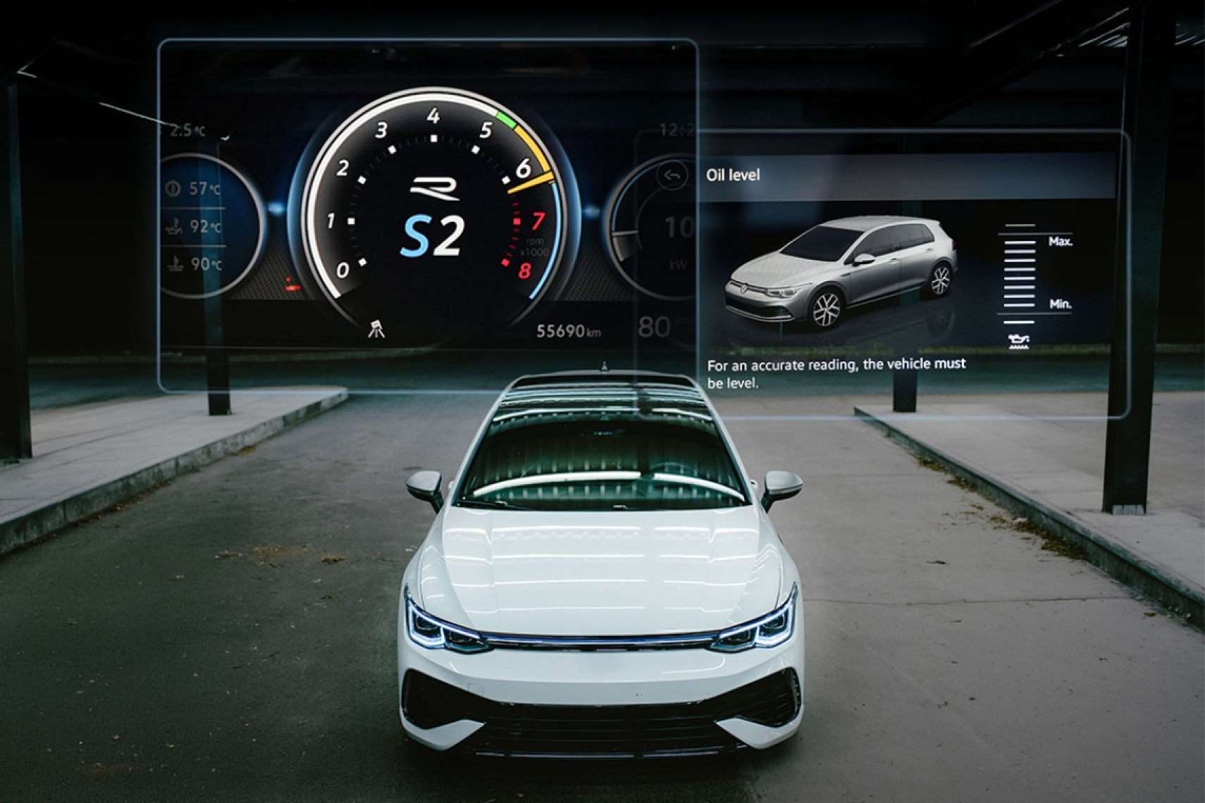 Volkswagen Golf R with Unitronic Rainbow Shift Light and Digital Oil Level display overlays shown above the vehicle.